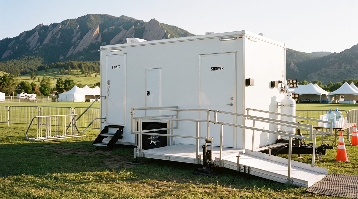 ADA accessible shower trailer with ramp and platform at an event field below the Flatirons in Boulder