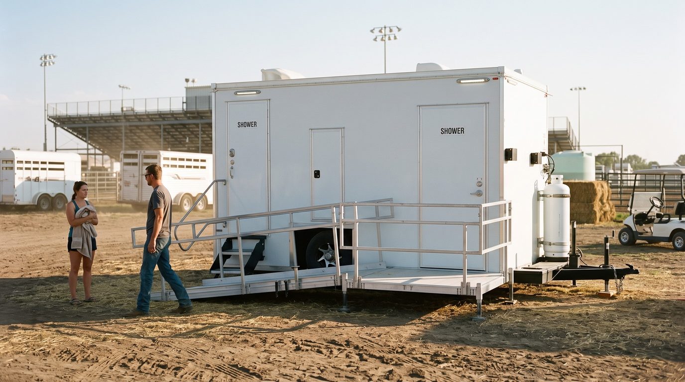 ADA shower trailer with ramp on a county fairground behind the rodeo arena, two people beside it