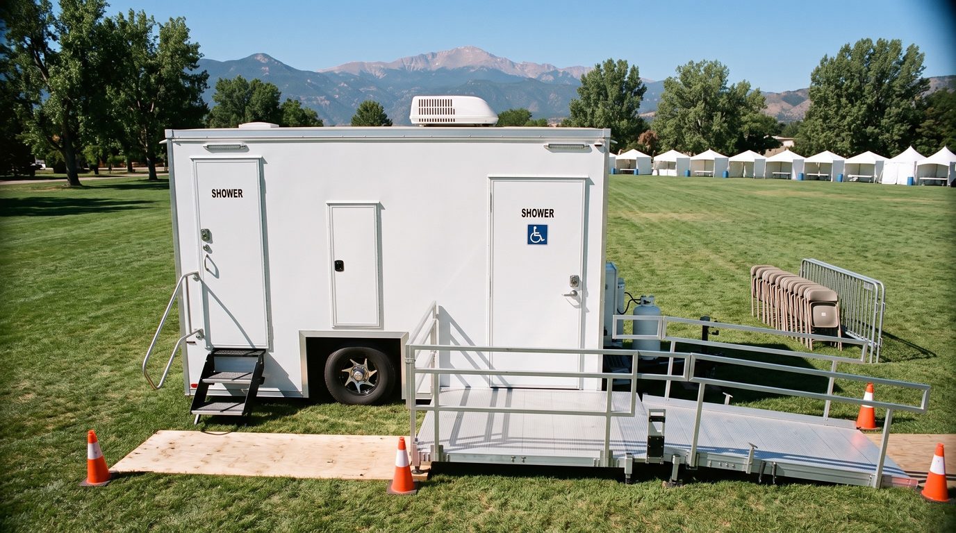 ADA shower trailer with a railed ramp and platform on a park event lawn in Colorado Springs, Pikes Peak behind