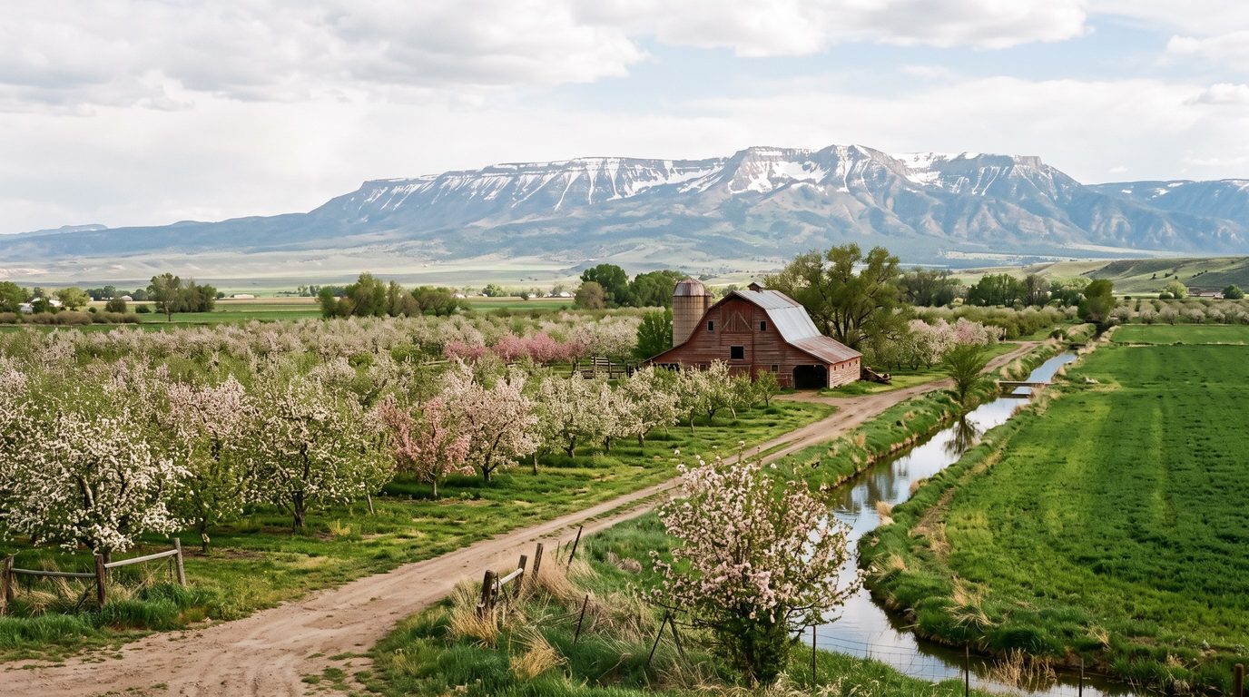 Blossoming orchards and hay fields near Austin, Delta County, Colorado, Grand Mesa behind