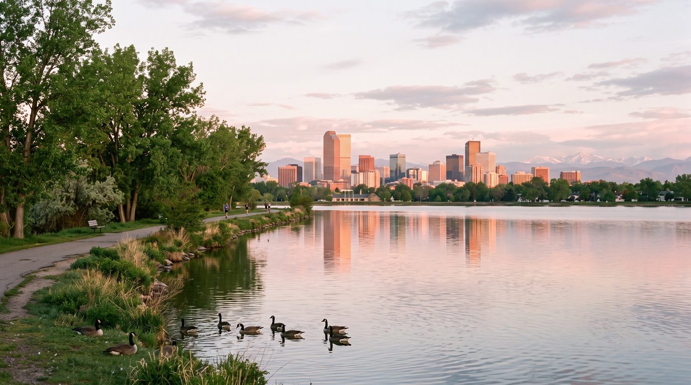 Downtown Denver skyline across Sloan's Lake at sunrise