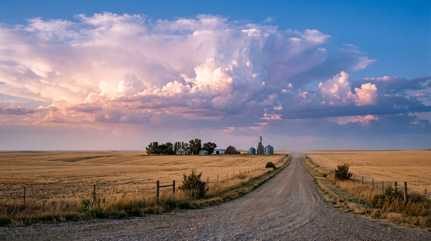 Wheat stubble and a gravel road on the eastern plains near Burlington, Colorado
