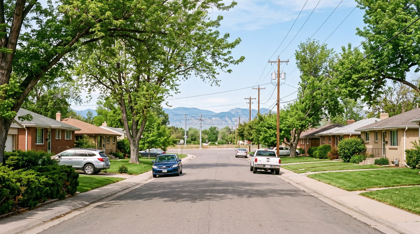 Tree-lined residential street in Englewood, Colorado, foothills to the west