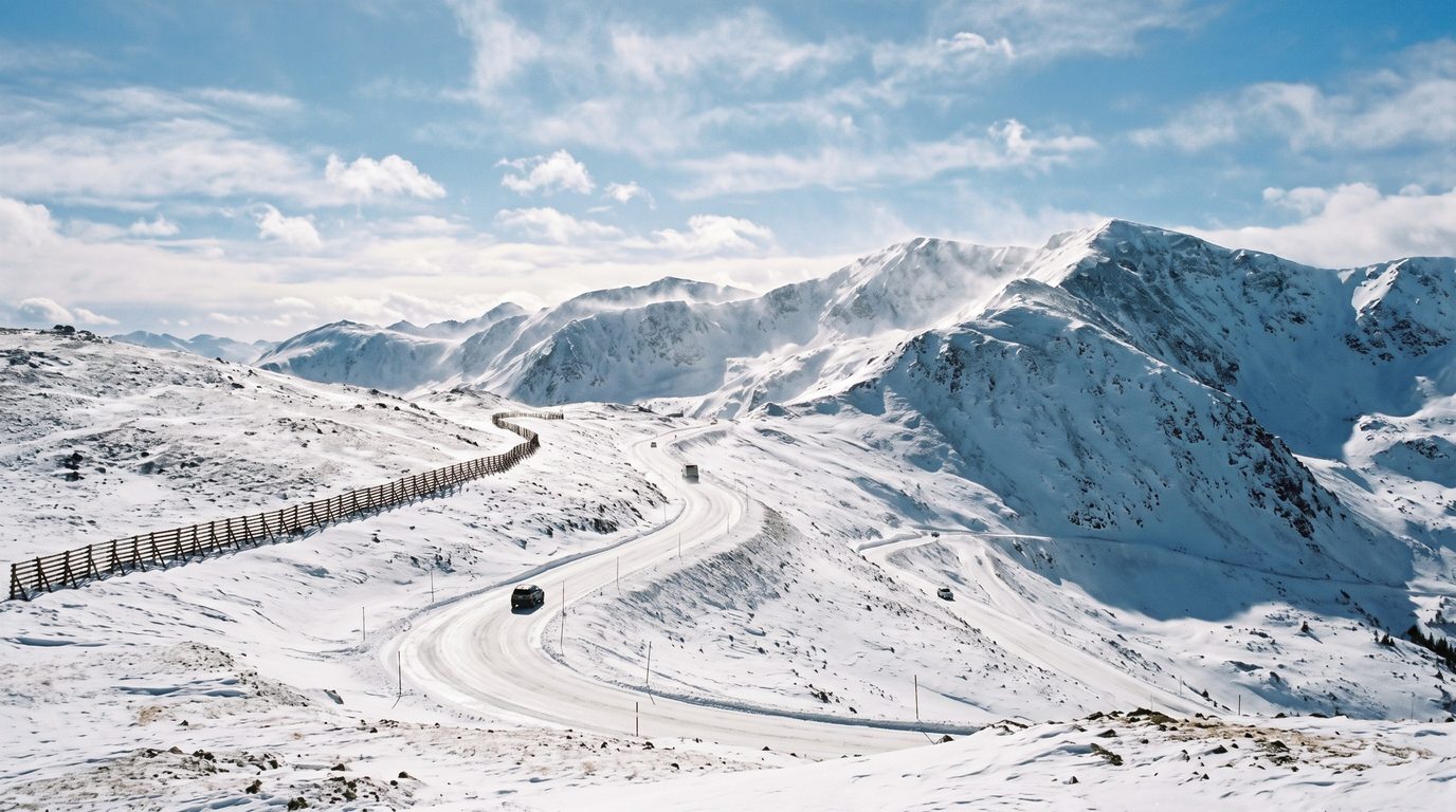 Snow-packed Loveland Pass road on US 6 in winter, Colorado