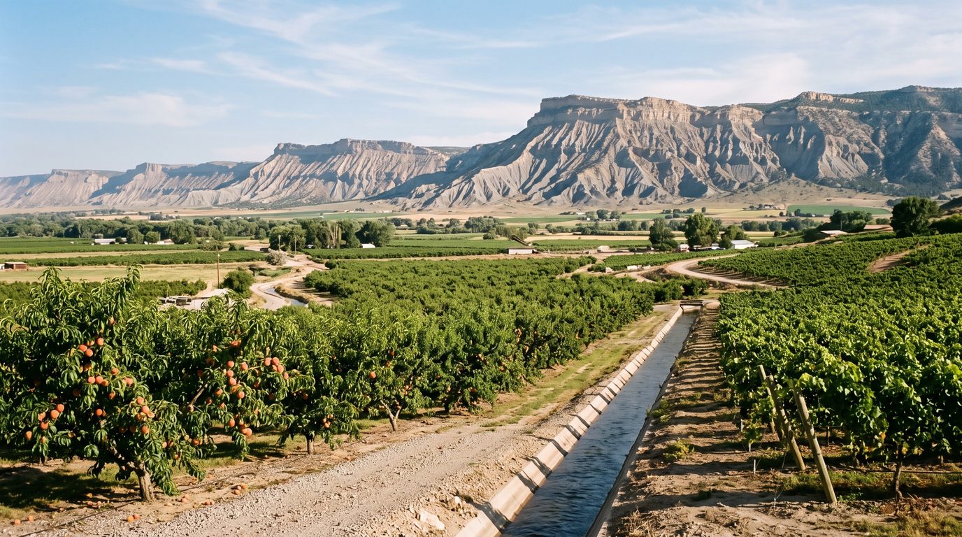 Peach orchards and vineyard in Palisade, Colorado below Mount Garfield