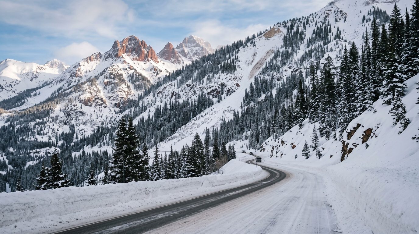 US 550 Red Mountain Pass above Ouray between plowed snowbanks