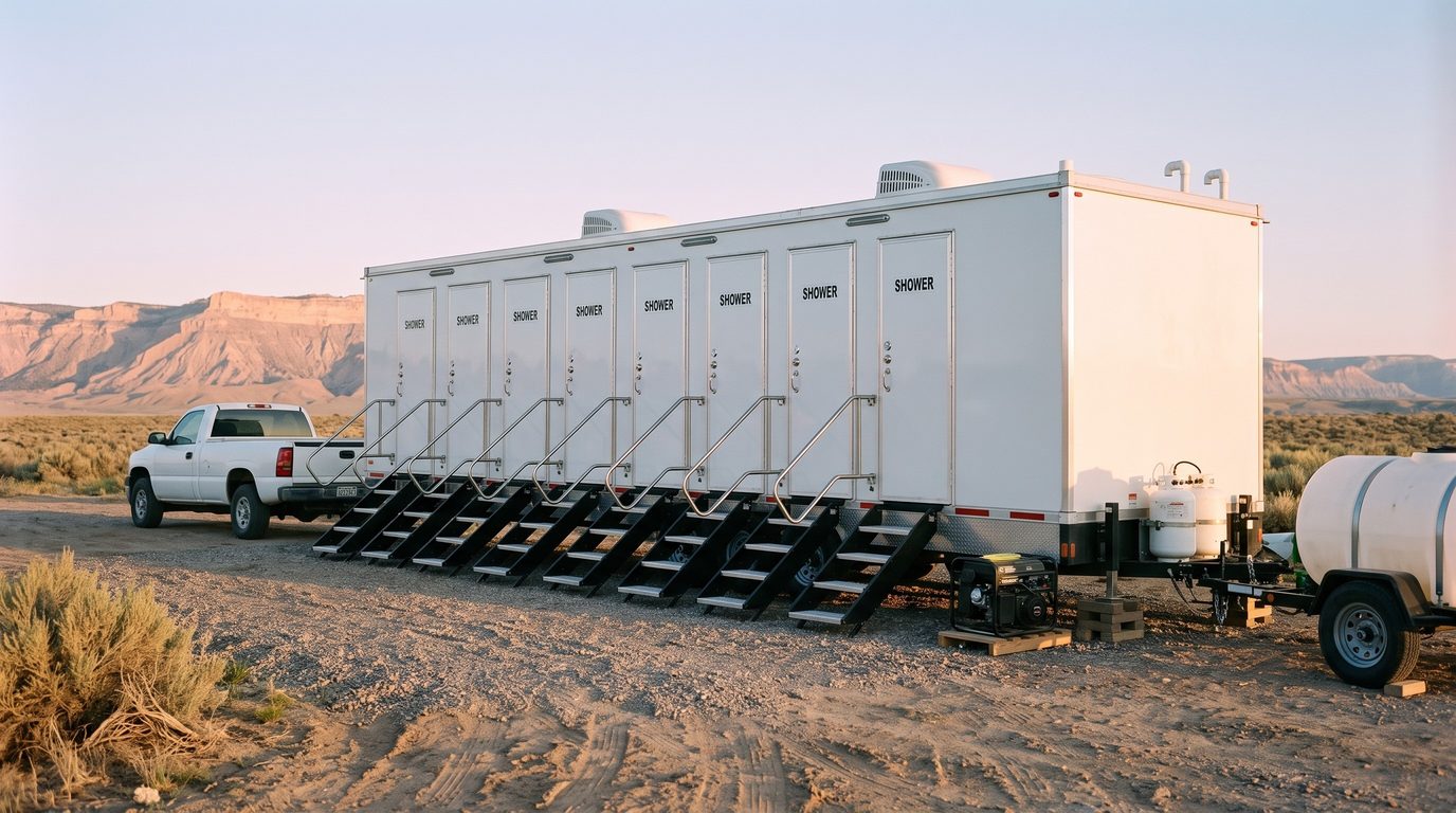 Eight stall shower trailer on a gravel pad below the Book Cliffs north of Grand Junction, Colorado
