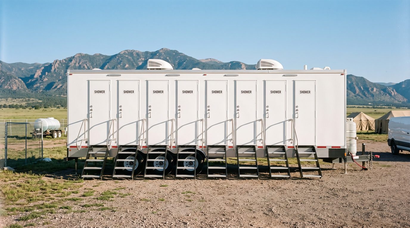 Eight stall shower trailer on a prairie staging ground south of Colorado Springs with Cheyenne Mountain behind