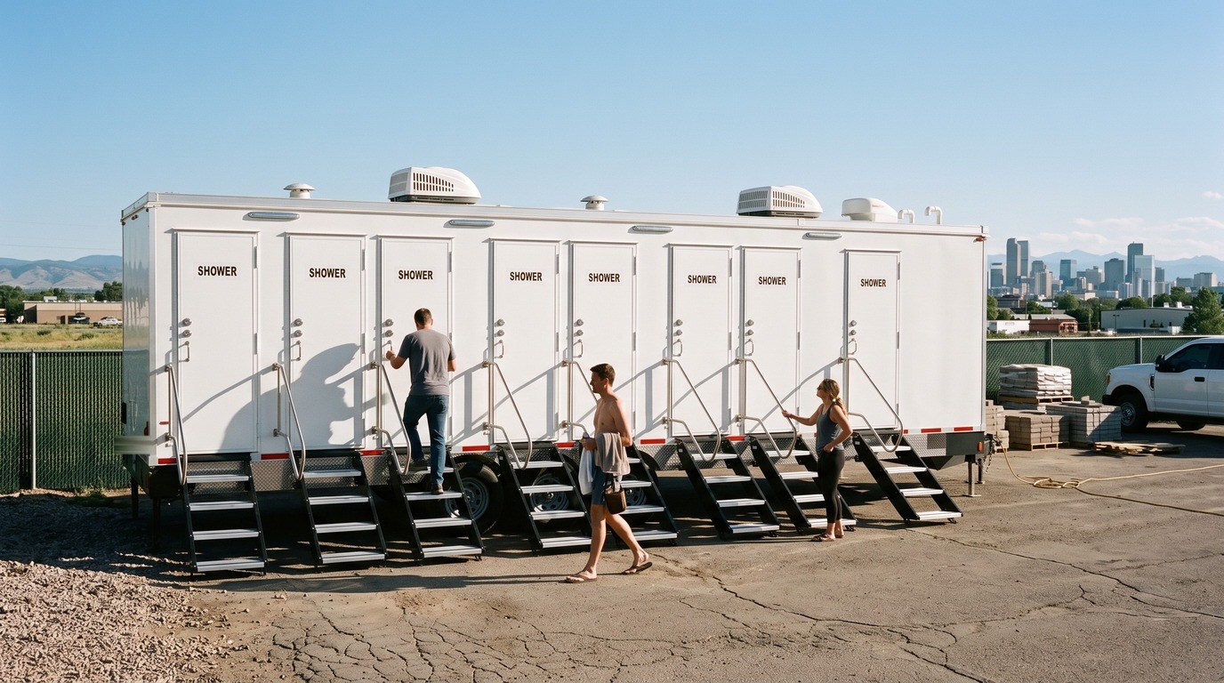 Crew walking up to an eight stall shower trailer on a north Denver contractor yard with the downtown skyline behind