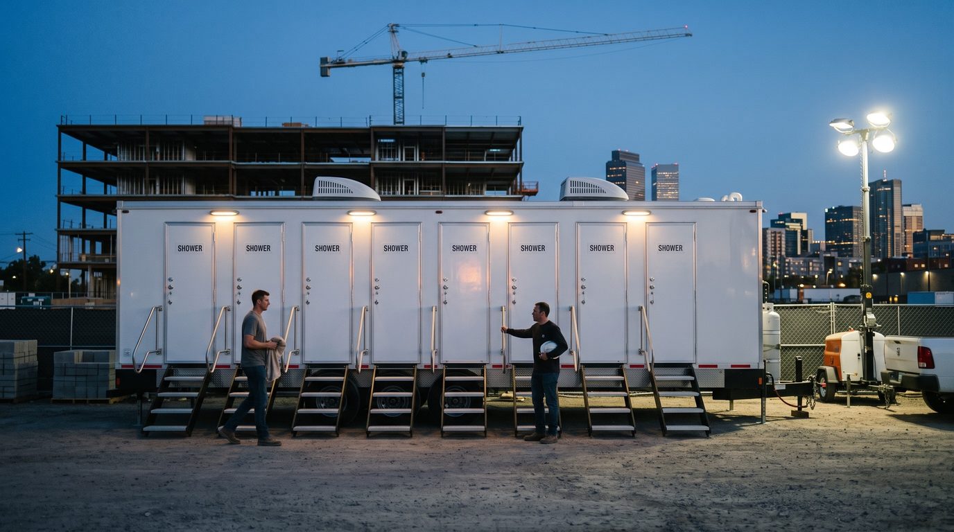 Eight stall shower trailer lit at dusk on a River North construction site in Denver, two workers at the stairs and the downtown towers behind