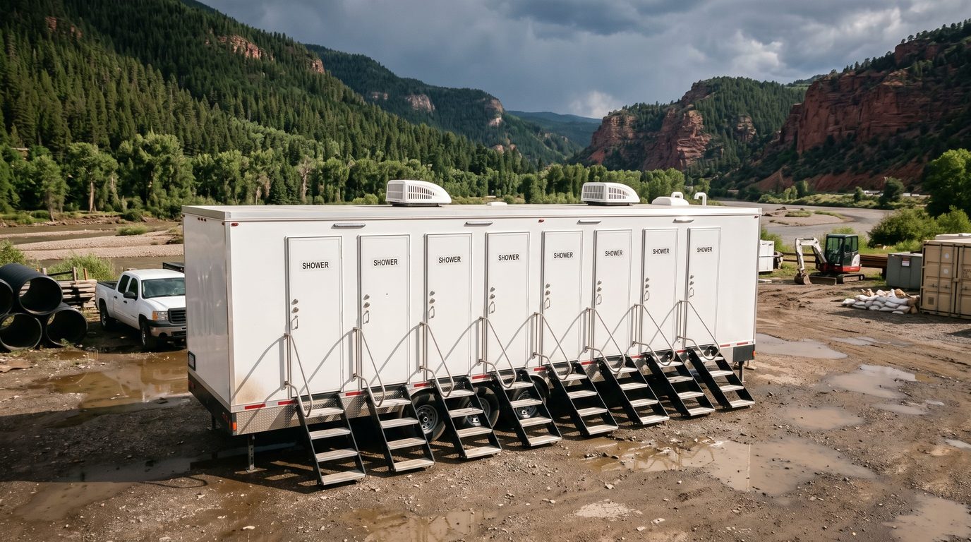 Eight stall shower trailer on a muddy flood recovery yard in the Animas valley north of Durango under building storm clouds