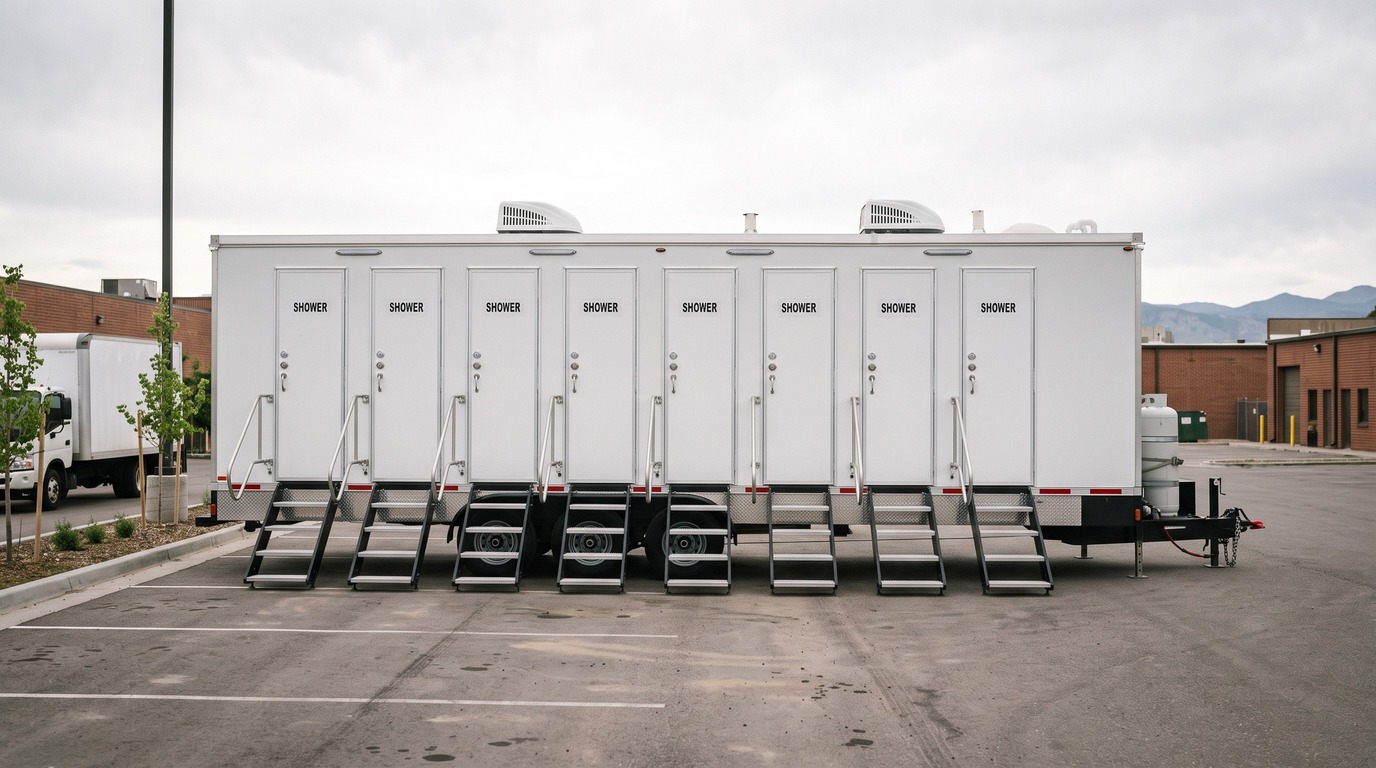 Side view of an eight stall shower trailer on an Englewood industrial lot, all eight SHOWER doors and stairs in a row