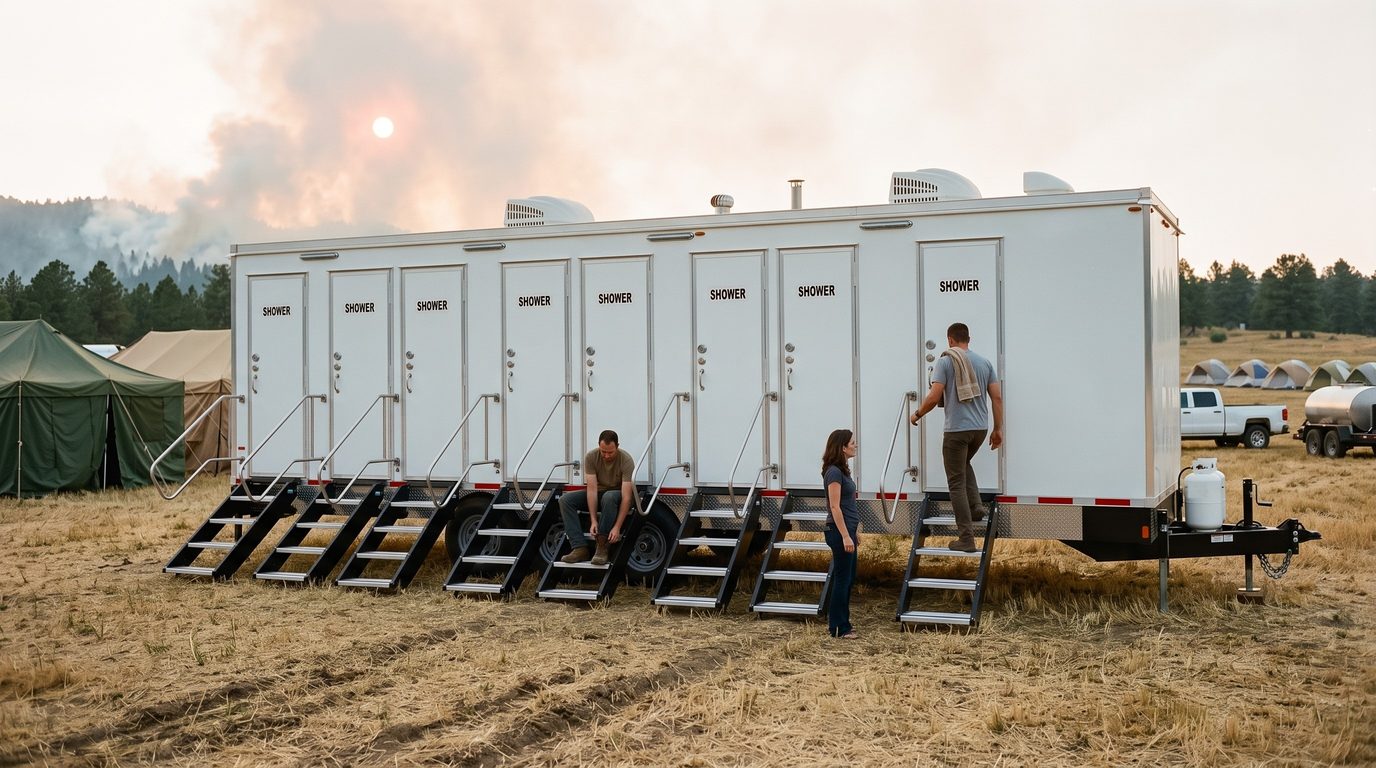 Eight stall shower trailer at a wildfire camp in a cut hay field with smoke over the ridge and crew at the doors