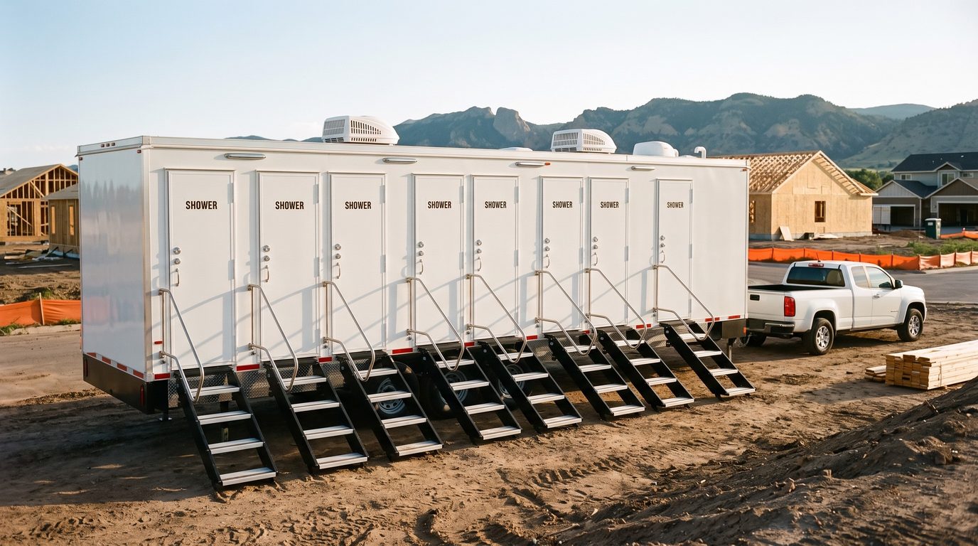 Eight stall shower trailer at the edge of a new housing buildout in Fort Collins with the foothills behind