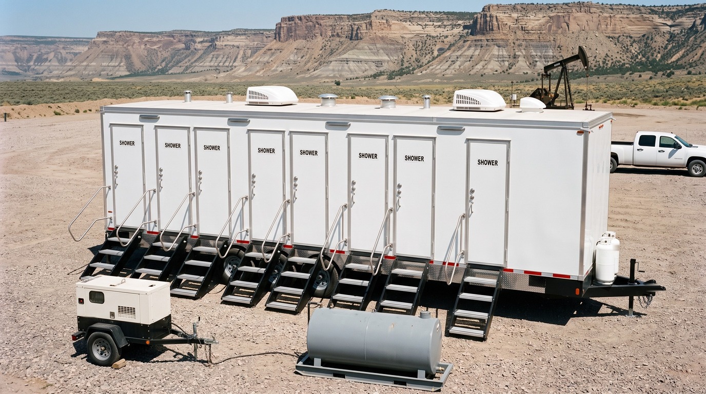 Eight stall shower trailer on a natural gas well pad near Parachute with a towable generator and fuel tank beside it