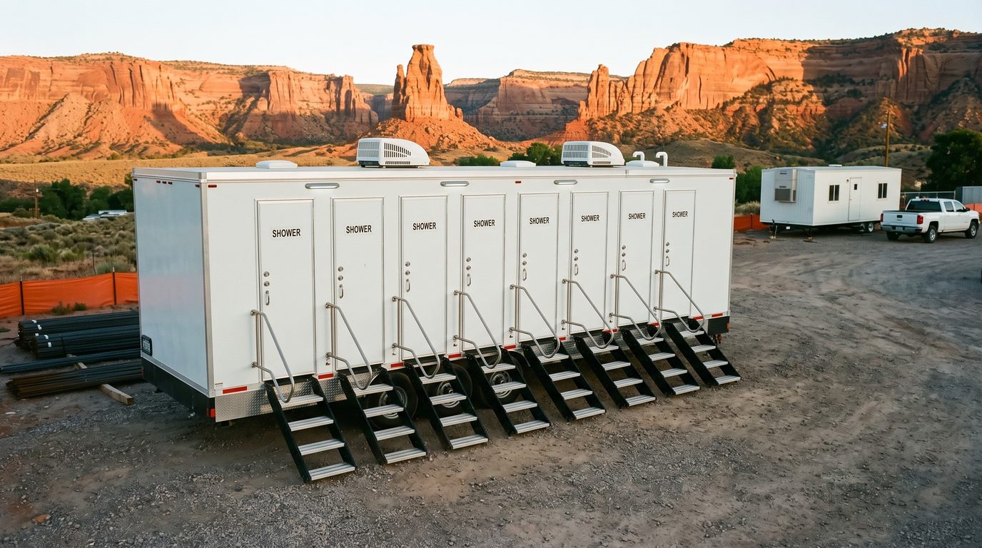 Eight stall shower trailer on a gravel construction lot in Grand Junction below the red canyon walls of Colorado National Monument