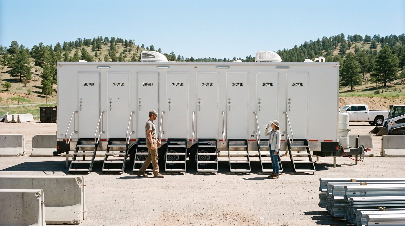 Eight stall shower trailer on a highway widening laydown yard on the Palmer Divide, jersey barriers and bundled guard rail around it, two workers at the stairs and pine hills behind