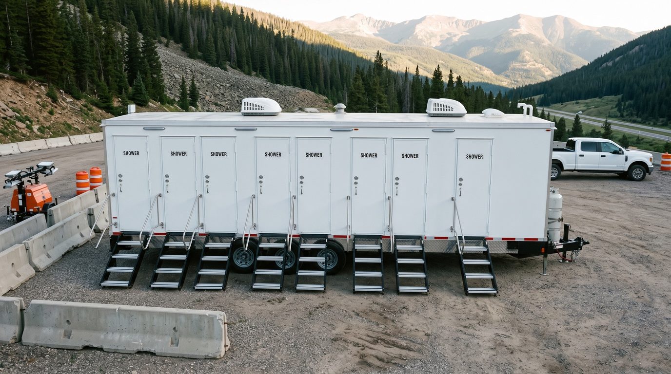 Eight stall shower trailer on a gravel staging area above Interstate 70 near Vail Pass