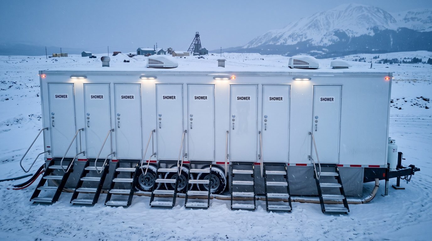 Eight stall shower trailer on a snow covered high altitude mine site near Leadville at blue hour, lights on over the doors