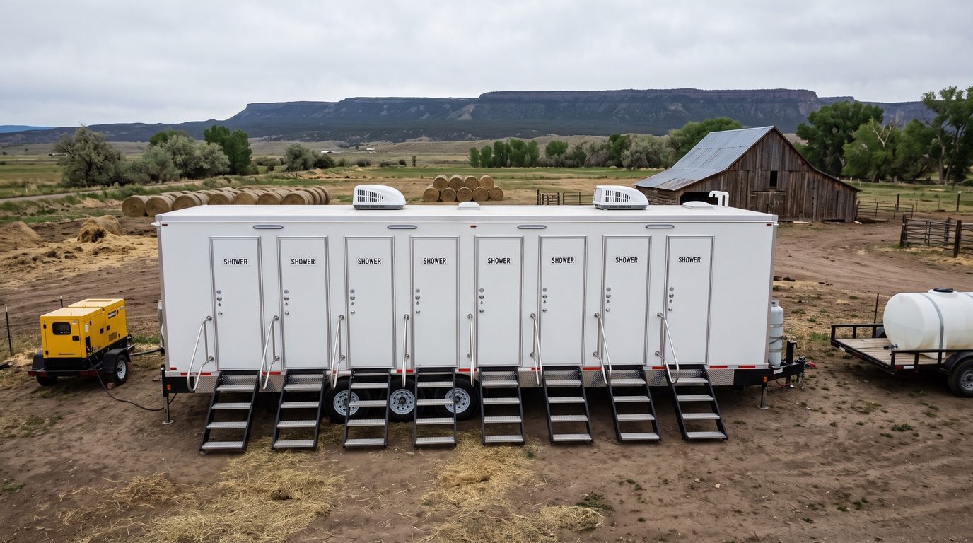 Eight stall shower trailer on a North Fork valley ranch with a towable generator at one end and a water tank trailer at the other, the Grand Mesa rim behind