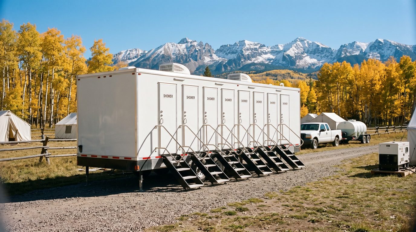 Eight stall shower trailer at a wall tent base camp among golden aspens near Ridgway, a pickup, a water tank trailer and a generator beside it and snow on the San Juan peaks