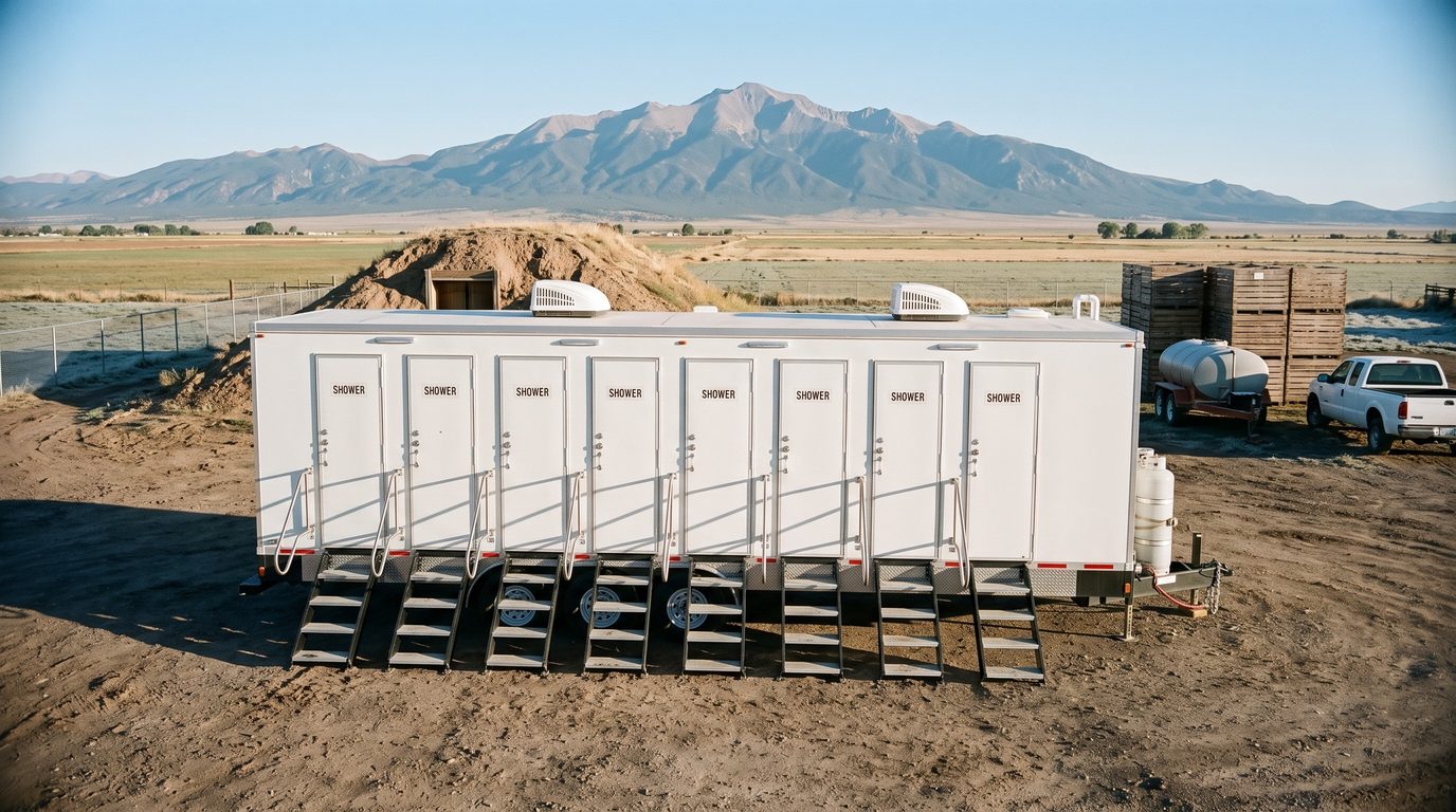 Eight stall shower trailer beside a potato cellar at a San Luis Valley harvest site, Blanca Peak behind