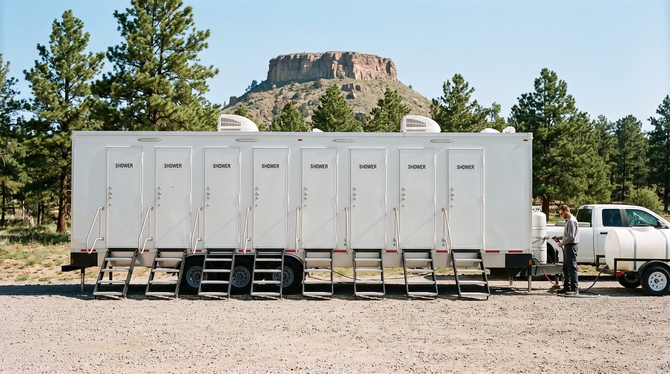 Technician topping off the fresh water on an eight stall shower trailer from a tank trailer at a laydown yard below Castle Rock