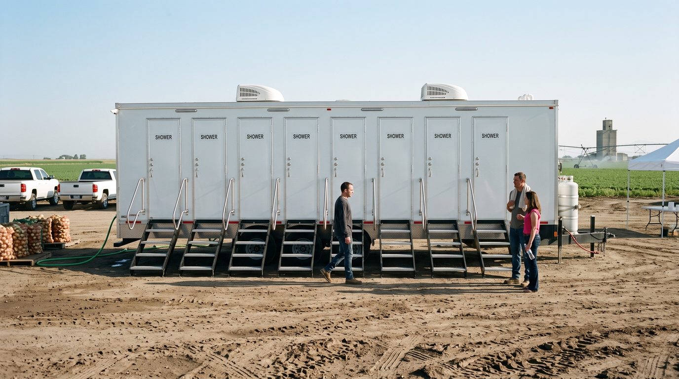 Eight stall shower trailer on a Weld County farm crew site with onion sacks on pallets, a center pivot and a grain elevator behind