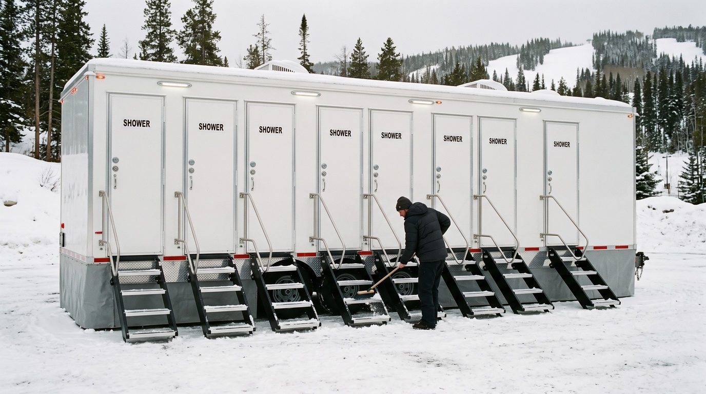 Eight stall shower trailer closed in underneath for winter on a snowy ski area employee lot near Copper Mountain, a worker sweeping a staircase