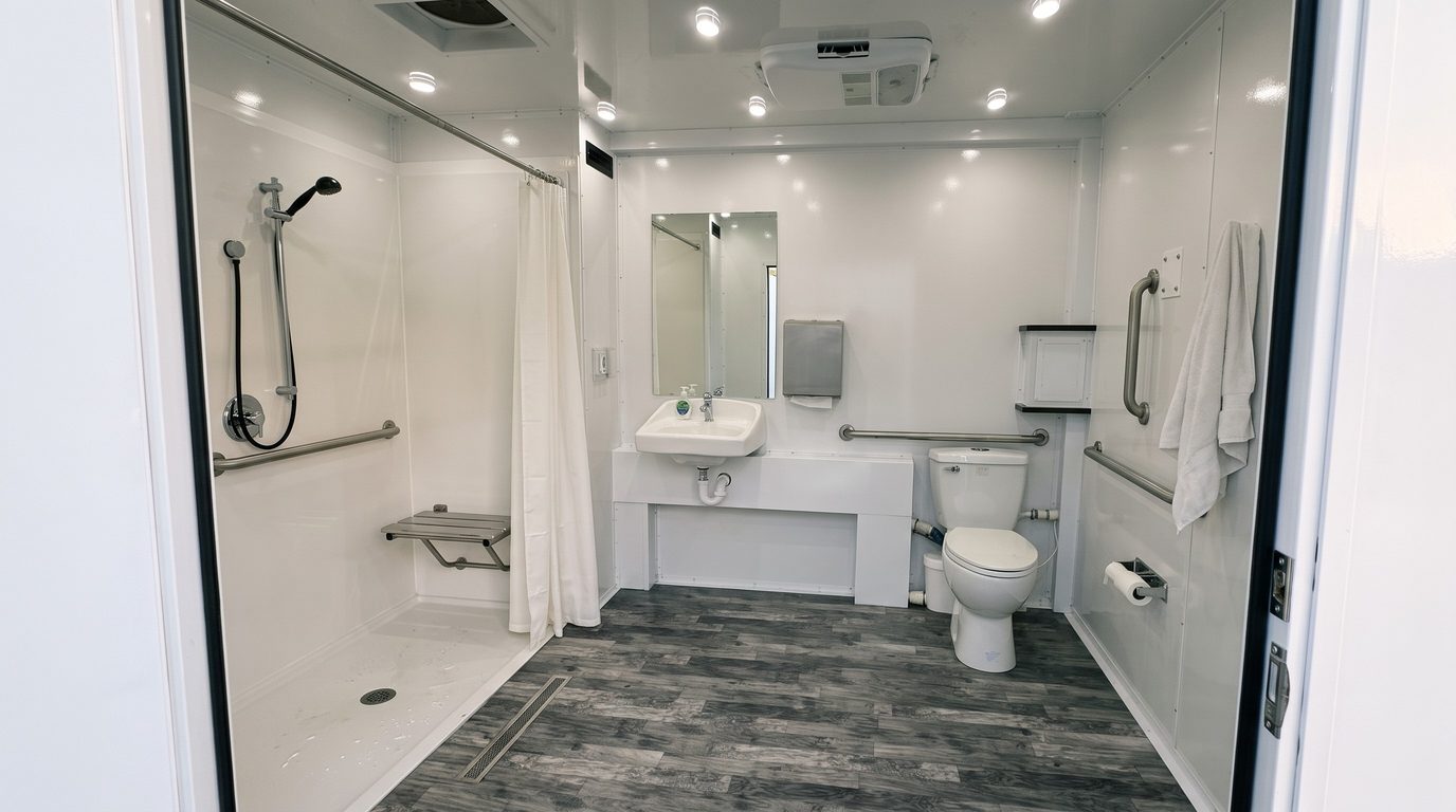 Accessible shower stall with roll-in shower, fold-down seat, grab bars, sink with knee space and toilet
