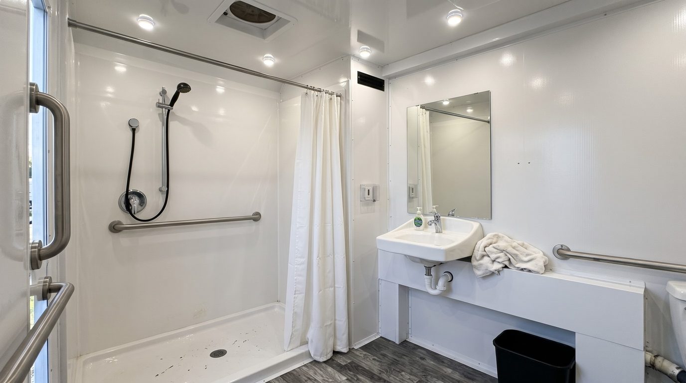 Inside a private shower stall: shower with grab bar and curtain, and a wall sink with mirror