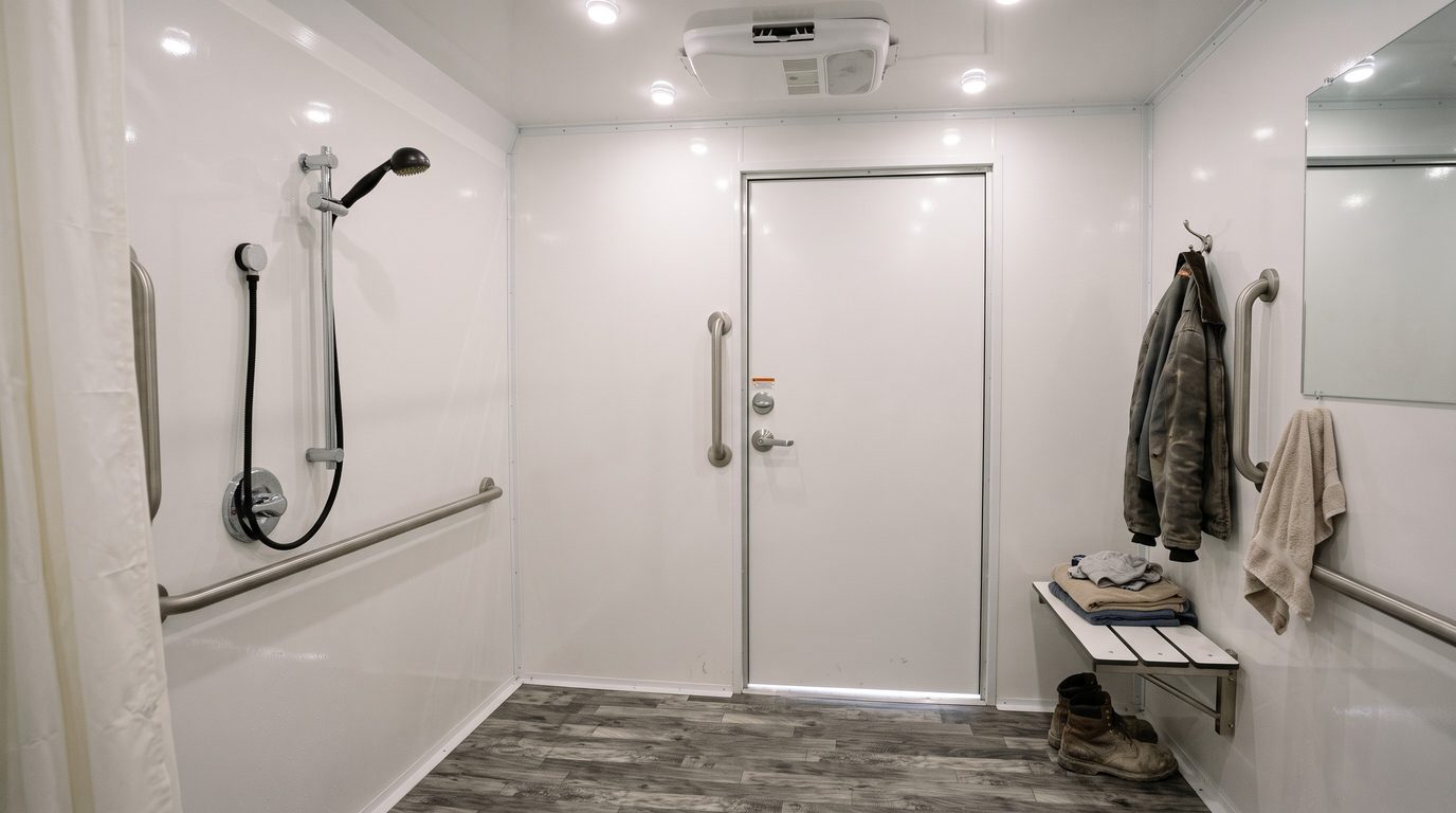 Inside a shower stall looking back at the locked door, work jacket on a hook and boots under the bench