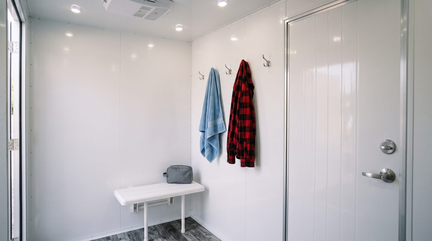 Dry changing side of a shower stall: bench, robe hooks with a towel and flannel shirt, locking door
