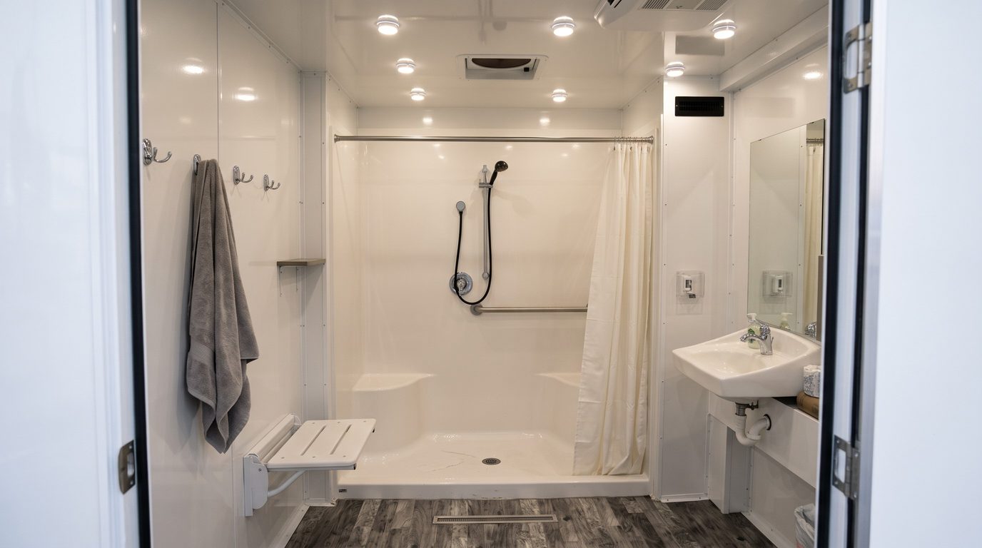 View into a private shower stall from the door: shower, fold-down bench, robe hooks and sink