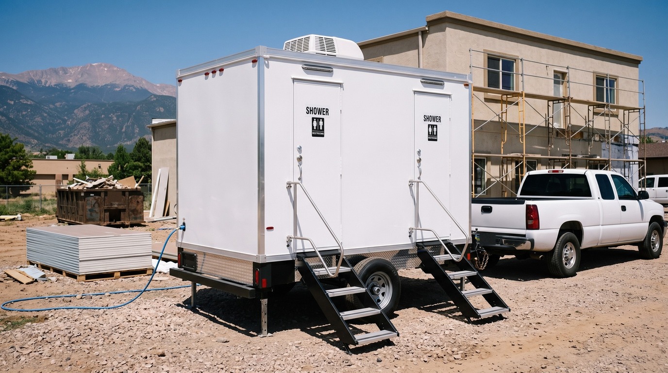 Two stall shower trailer on a remodel site on the west side of Colorado Springs with Pikes Peak on the skyline