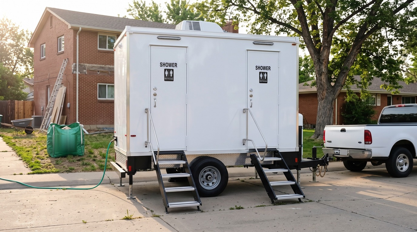 Two stall shower trailer on the driveway of a brick house under renovation in Englewood, Colorado