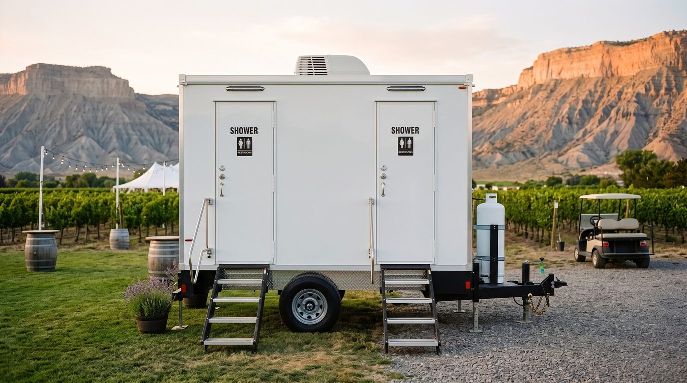 Two stall shower trailer at the edge of a Palisade vineyard set up for a wedding, Mount Garfield behind