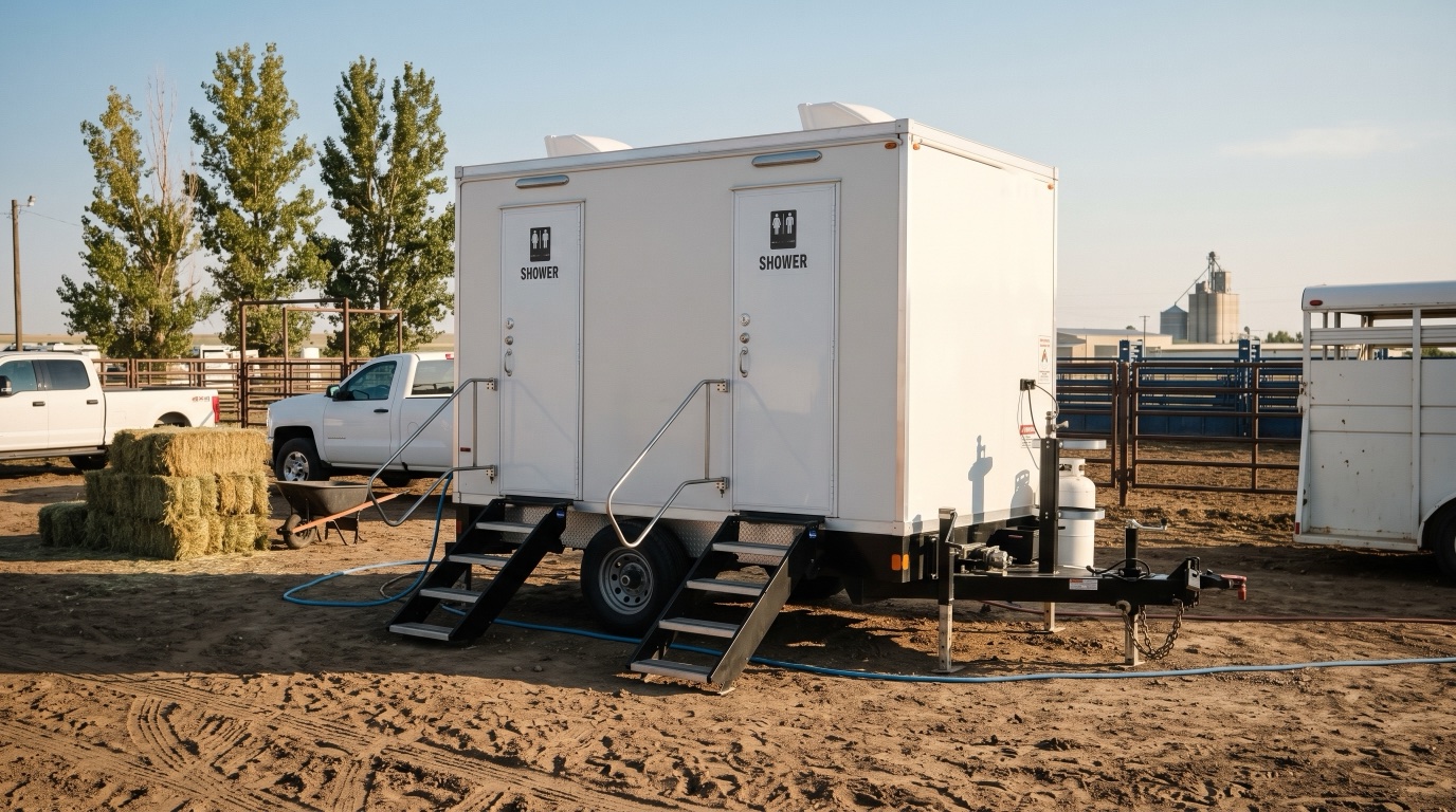 Two stall shower trailer beside the stock pens behind a plains rodeo arena, stacked hay and a stock trailer nearby, a grain elevator in the distance